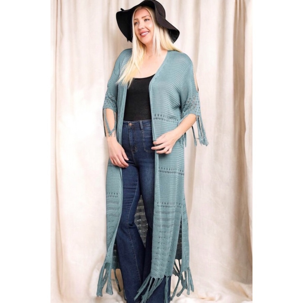 DAVI & DANI Blue Sage Half Sleeve Solid Color Cardigan with Fringe - Picture 6 of 7